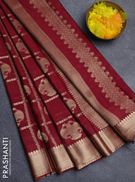Semi mysore silk saree wine shade with allover zari checks & buttas and zari woven border