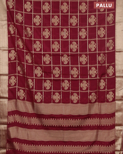 Semi mysore silk saree wine shade with allover zari checks & buttas and zari woven border