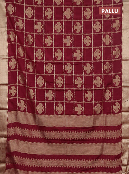 Semi mysore silk saree wine shade with allover zari checks & buttas and zari woven border