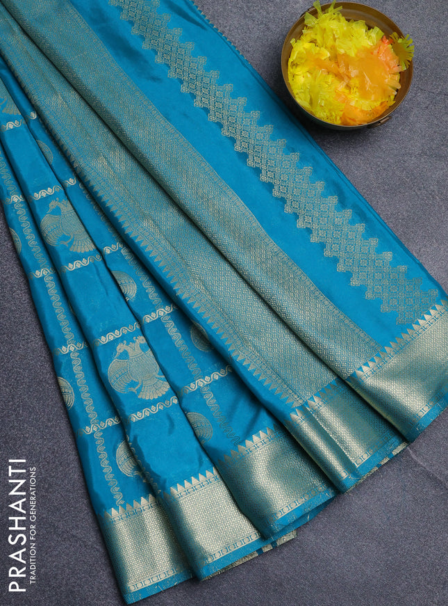 Semi mysore silk saree teal green with allover zari checks & buttas and zari woven border