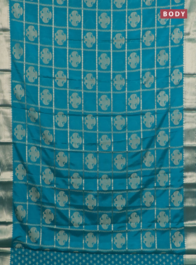 Semi mysore silk saree teal green with allover zari checks & buttas and zari woven border