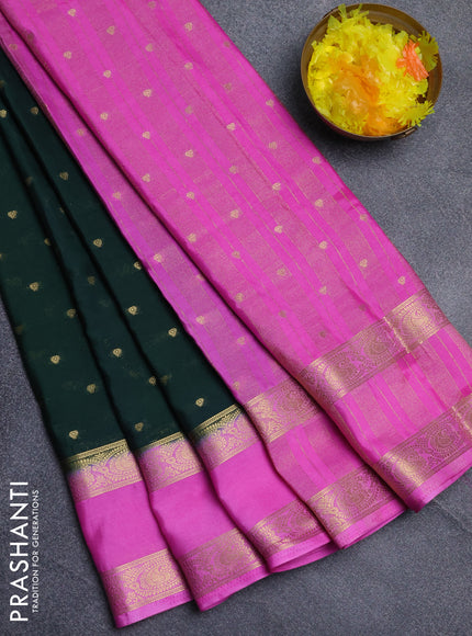 Semi mysore silk saree bottle green and light pink with allover zari woven buttas and rettapet zari woven border