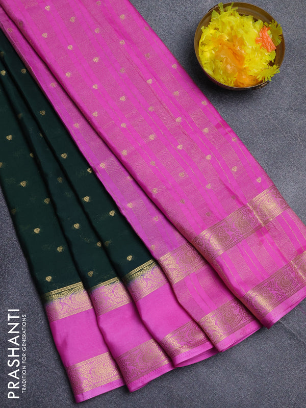 Semi mysore silk saree bottle green and light pink with allover zari woven buttas and rettapet zari woven border