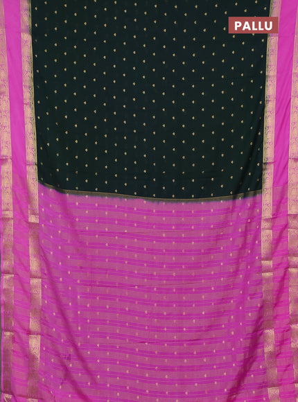 Semi mysore silk saree bottle green and light pink with allover zari woven buttas and rettapet zari woven border