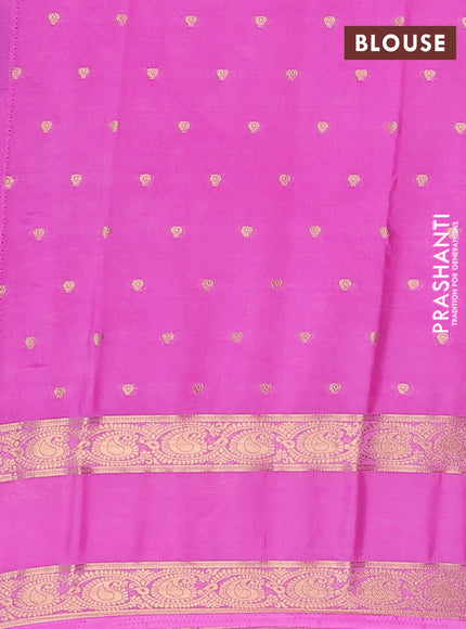 Semi mysore silk saree bottle green and light pink with allover zari woven buttas and rettapet zari woven border