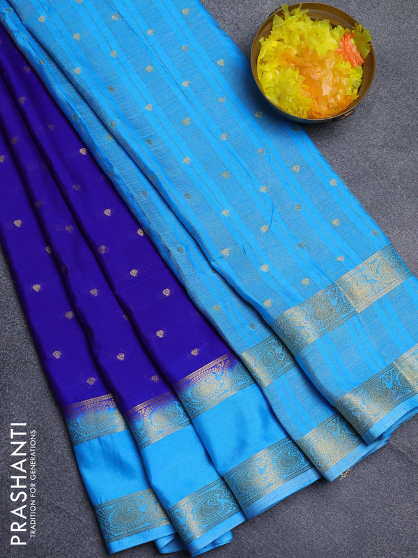Semi mysore silk saree royal blue and teal blue with allover zari woven buttas and rettapet zari woven border