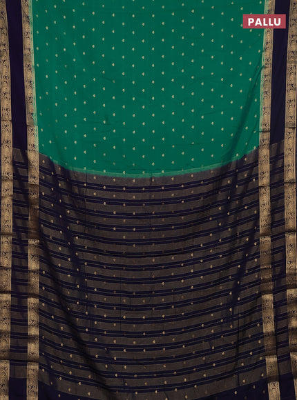 Semi mysore silk saree teal green and navy blue with allover zari woven buttas and rettapet zari woven border