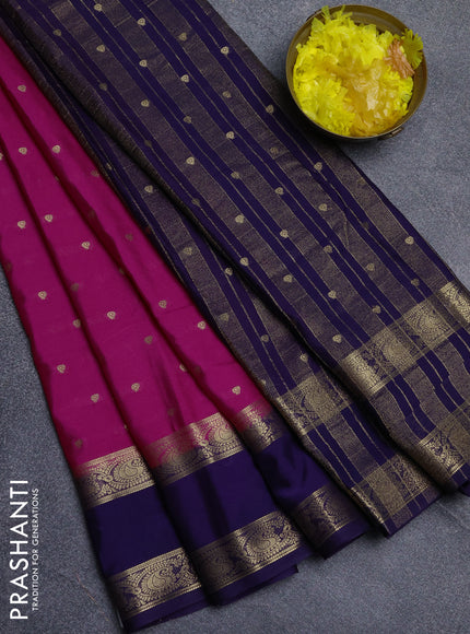Semi mysore silk saree dark pink and navy blue with allover zari woven buttas and rettapet zari woven border