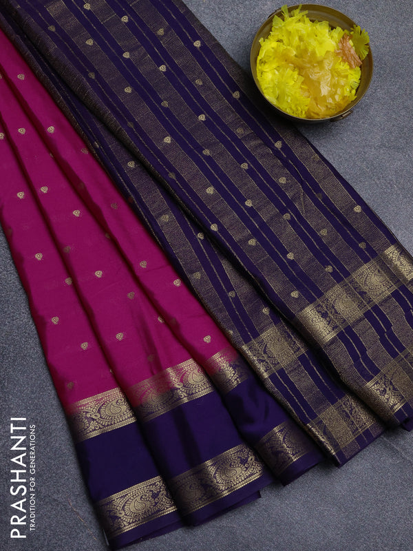 Semi mysore silk saree dark pink and navy blue with allover zari woven buttas and rettapet zari woven border