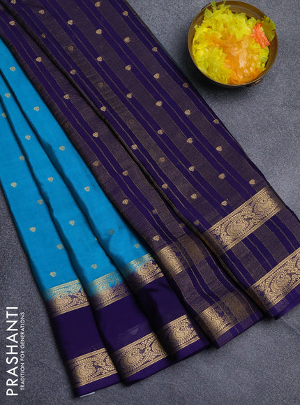 Semi mysore silk saree teal blue and navy blue with allover zari woven buttas and rettapet zari woven border
