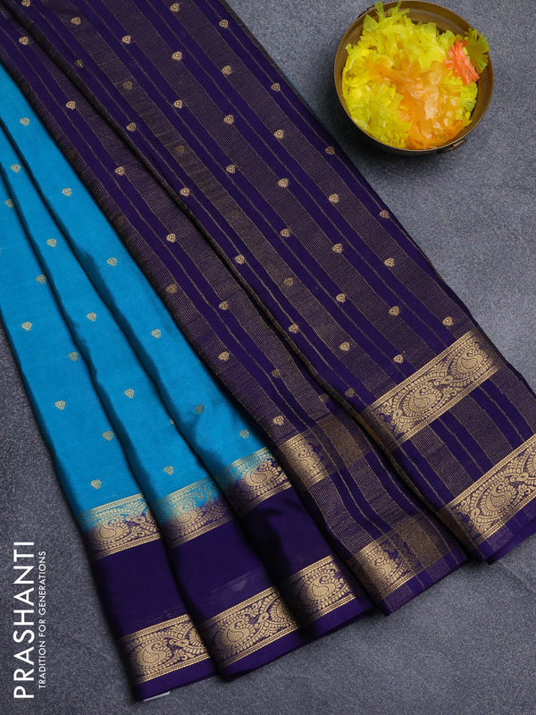 Semi mysore silk saree teal blue and navy blue with allover zari woven buttas and rettapet zari woven border