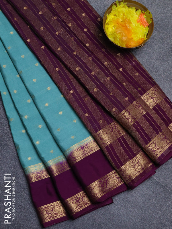 Semi mysore silk saree pastel green and wine shade with allover zari woven buttas and rettapet zari woven border