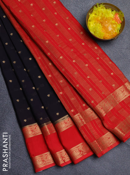 Semi mysore silk saree black and red with allover zari woven buttas and rettapet zari woven border