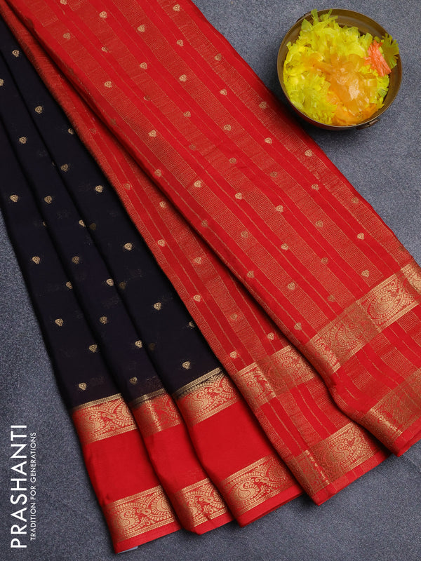 Semi mysore silk saree black and red with allover zari woven buttas and rettapet zari woven border