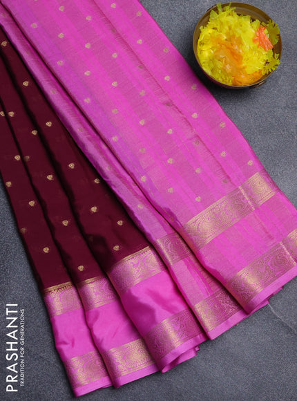 Semi mysore silk saree wine shade and light pink with allover zari woven buttas and rettapet zari woven border