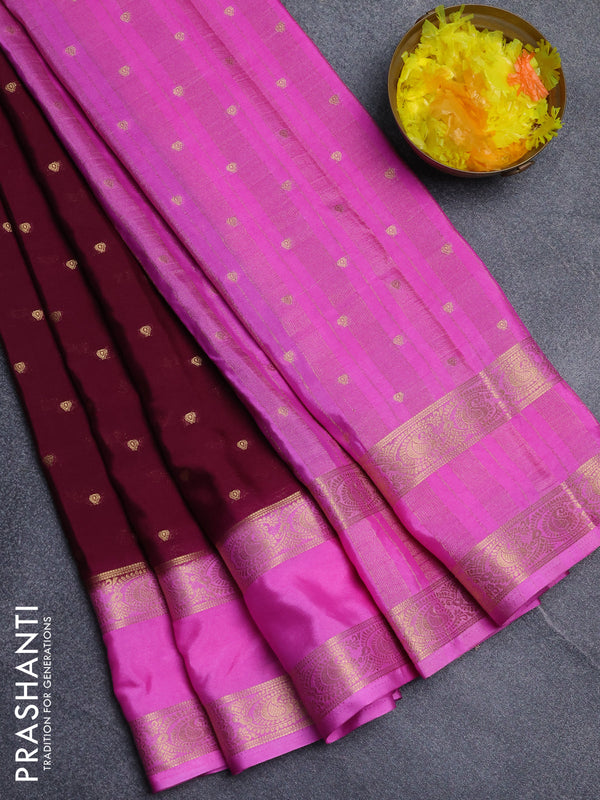 Semi mysore silk saree wine shade and light pink with allover zari woven buttas and rettapet zari woven border