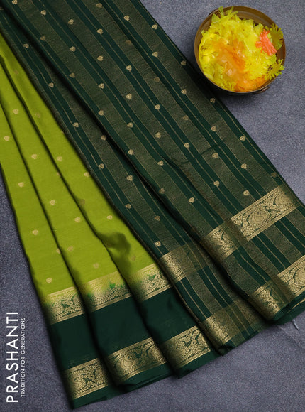 Semi mysore silk saree light green and bottle green with allover zari woven buttas and rettapet zari woven border