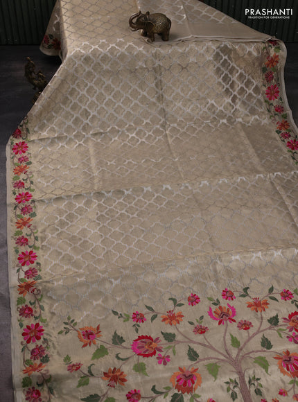 Art tissue saree gold with allover zari woven brocade weaves and embroidery work border