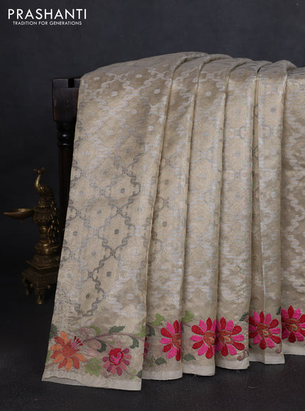 Art tissue saree gold with allover zari woven brocade weaves and embroidery work border