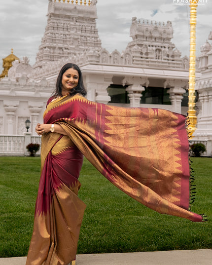 Pure kanchipuram silk saree maroon with plain body and rising temple border