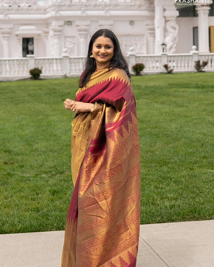 Pure kanchipuram silk saree maroon with plain body and rising temple border