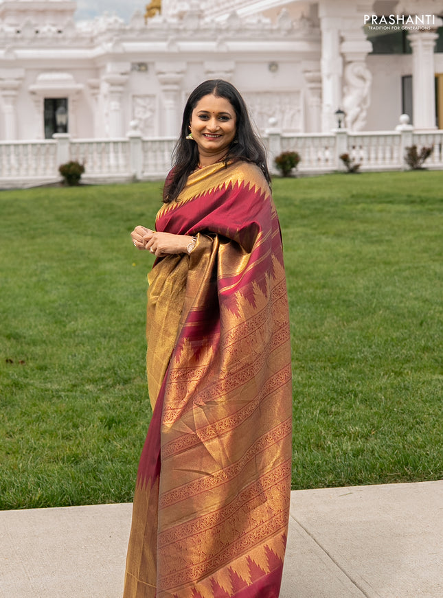 Pure kanchipuram silk saree maroon with plain body and rising temple border