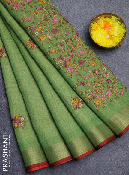 Linen cotton saree light green and maroon with embroidery buttas and zari woven border