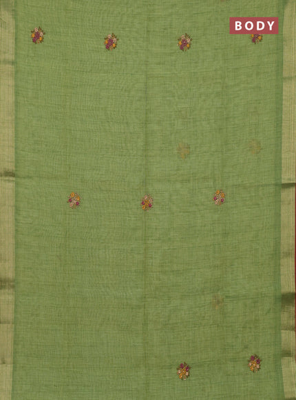 Linen cotton saree light green and maroon with embroidery buttas and zari woven border