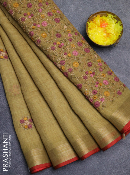 Linen cotton saree mustard yellow and maroon with embroidery buttas and zari woven border