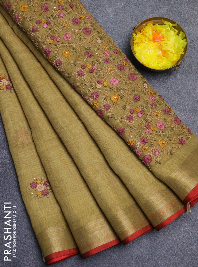 Linen cotton saree mustard yellow and maroon with embroidery buttas and zari woven border
