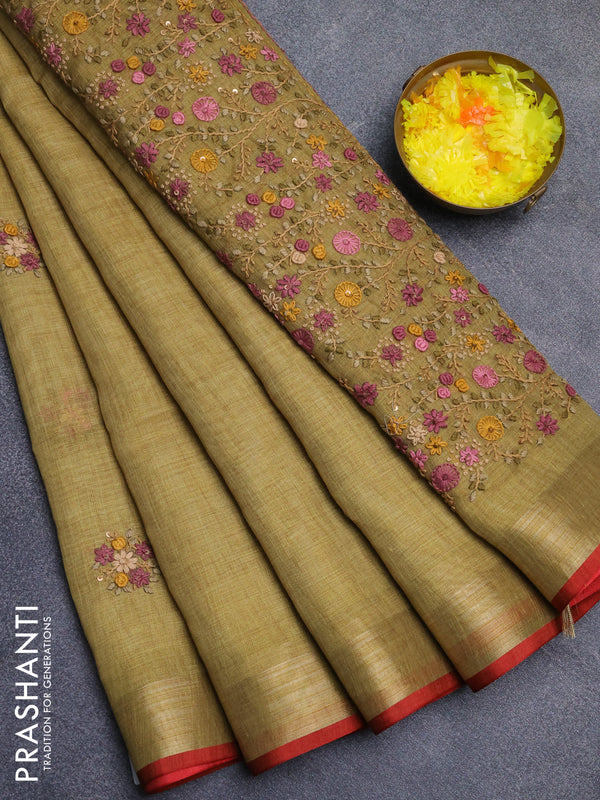 Linen cotton saree mustard yellow and maroon with embroidery buttas and zari woven border