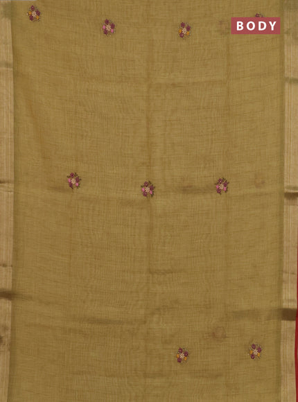 Linen cotton saree mustard yellow and maroon with embroidery buttas and zari woven border