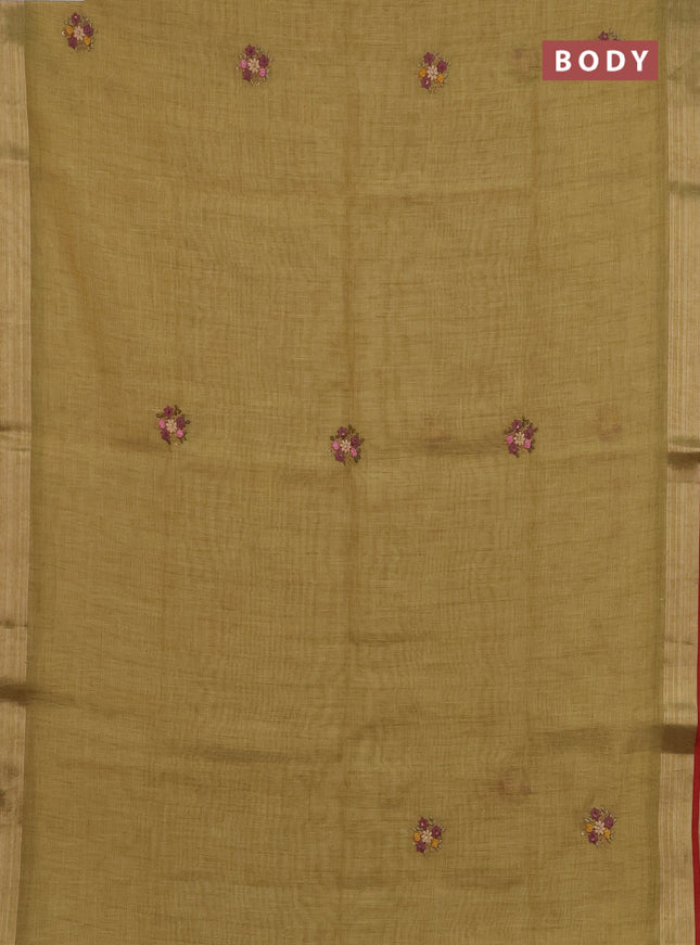 Linen cotton saree mustard yellow and maroon with embroidery buttas and zari woven border