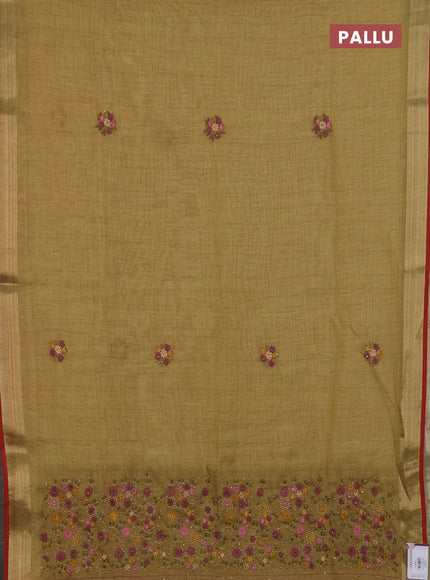 Linen cotton saree mustard yellow and maroon with embroidery buttas and zari woven border