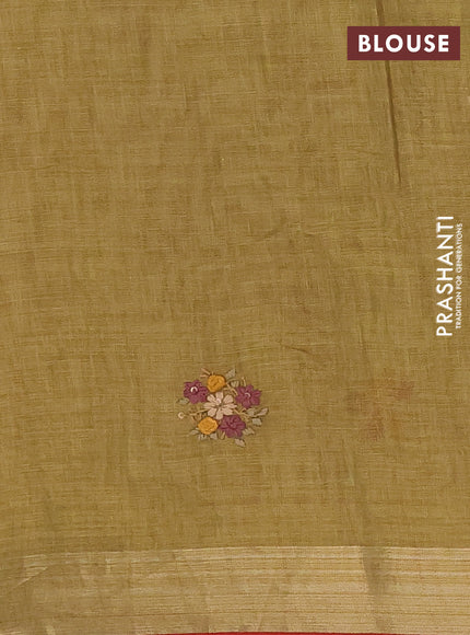 Linen cotton saree mustard yellow and maroon with embroidery buttas and zari woven border