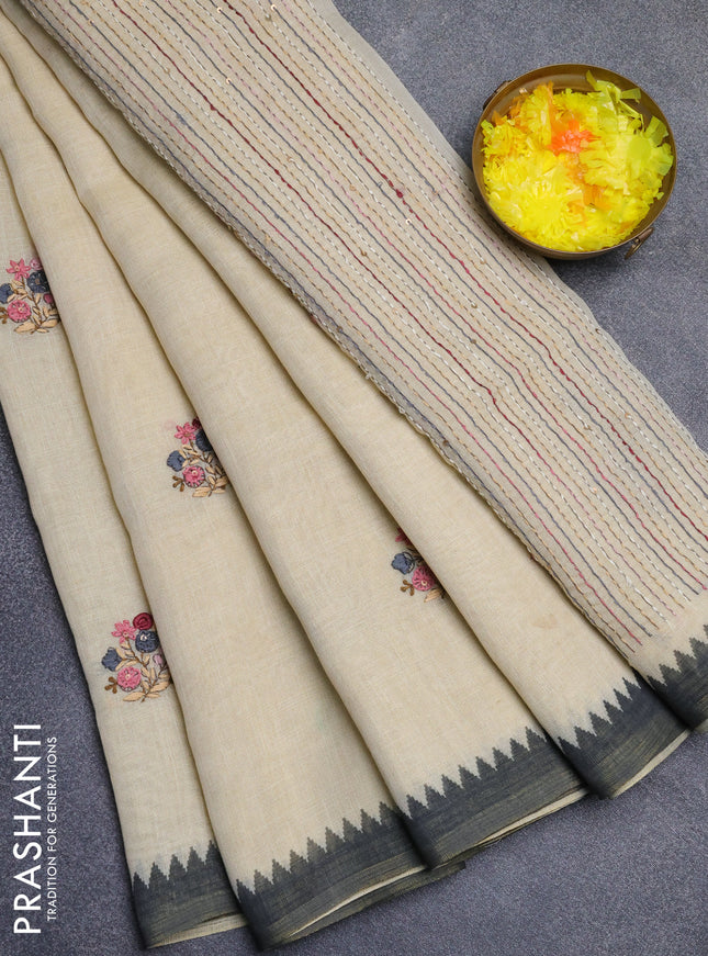 Linen cotton saree beige and black with embroidery buttas and printed border