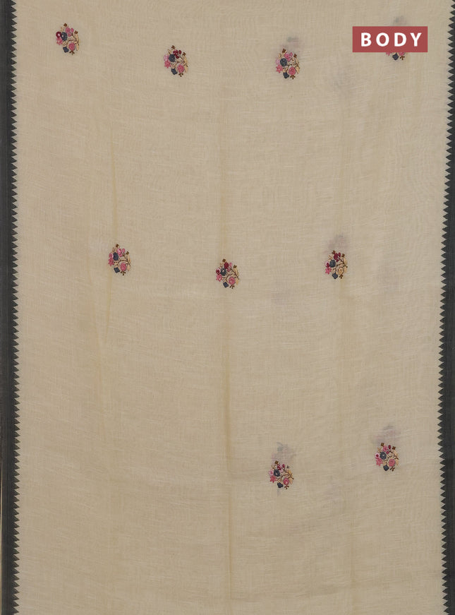 Linen cotton saree beige and black with embroidery buttas and printed border