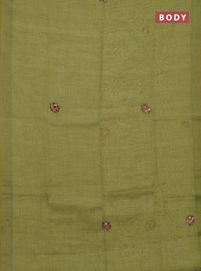 Linen cotton saree light green with embroidery buttas and printed border