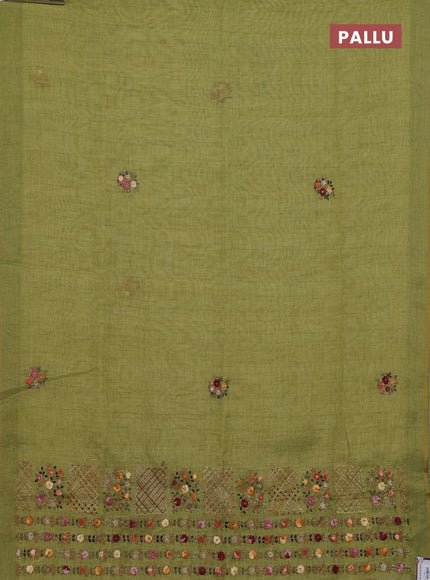 Linen cotton saree light green with embroidery buttas and printed border