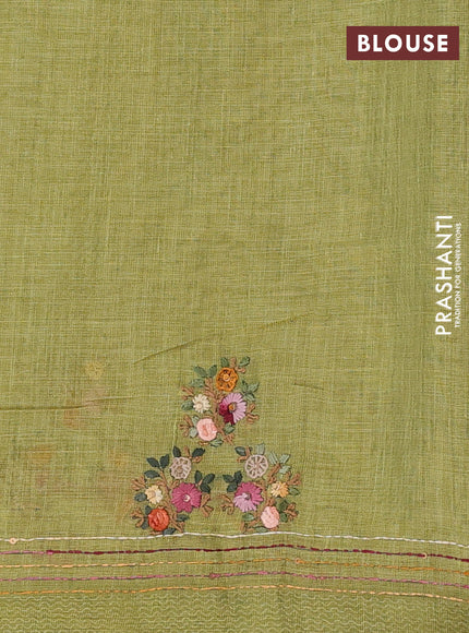 Linen cotton saree light green with embroidery buttas and printed border