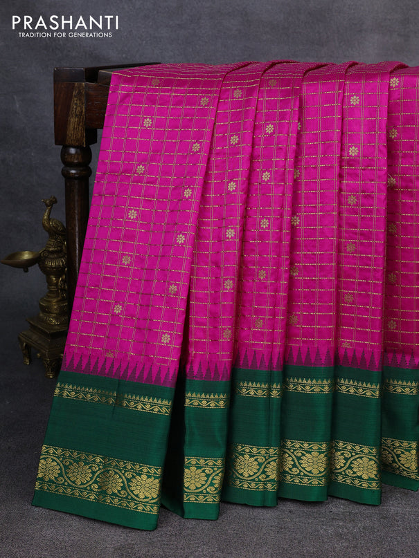 Narayanpet silk saree candy pink and green with allover zari checks & buttas and temple design rettapet zari woven border