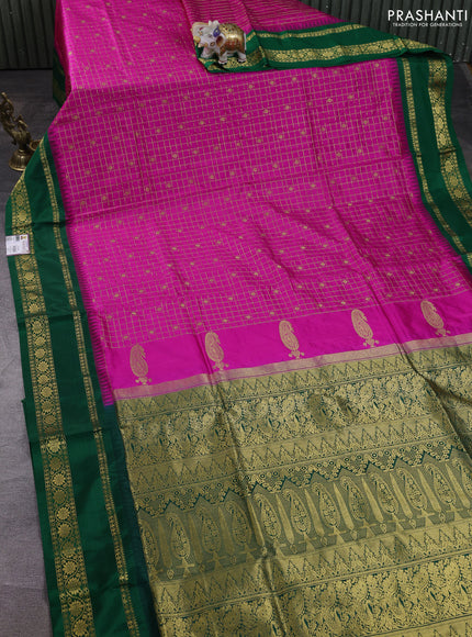Narayanpet silk saree candy pink and green with allover zari checks & buttas and temple design rettapet zari woven border