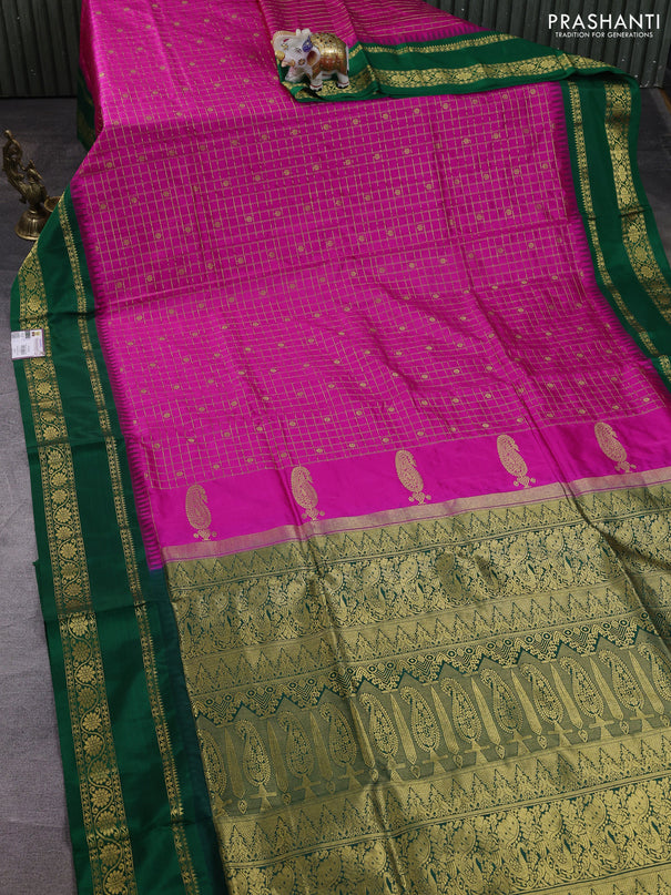 Narayanpet silk saree candy pink and green with allover zari checks & buttas and temple design rettapet zari woven border