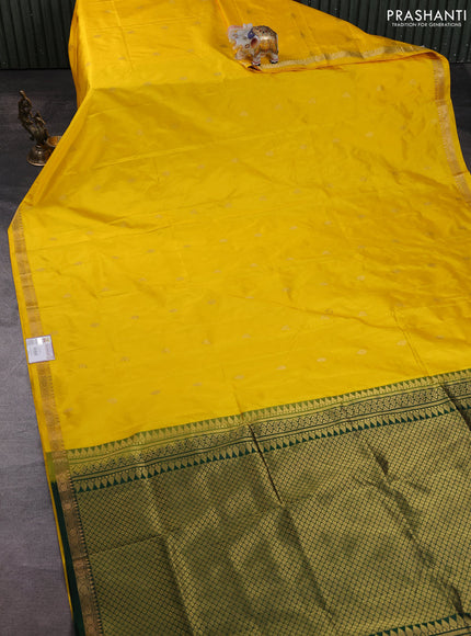 Narayanpet silk saree yellow and bottle green with allover zari woven buttas and zari woven border
