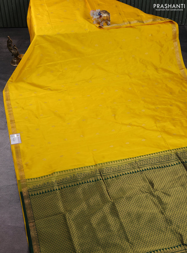 Narayanpet silk saree yellow and bottle green with allover zari woven buttas and zari woven border