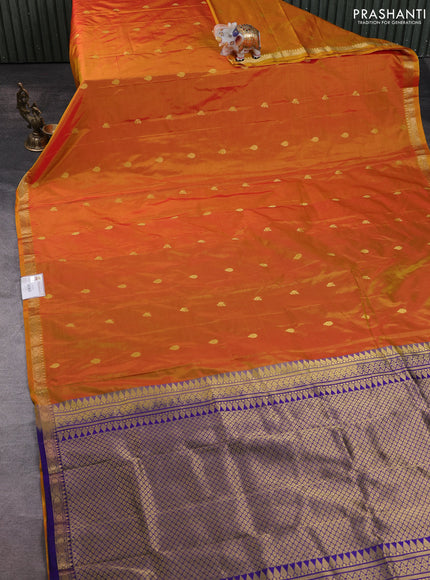 Narayanpet silk saree dark mustard and navy blue with allover zari woven buttas and zari woven border
