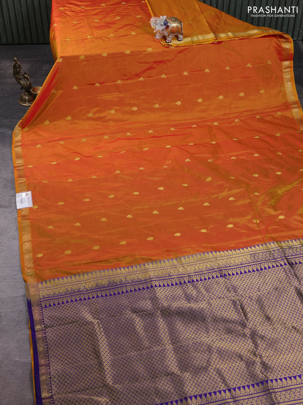 Narayanpet silk saree dark mustard and navy blue with allover zari woven buttas and zari woven border