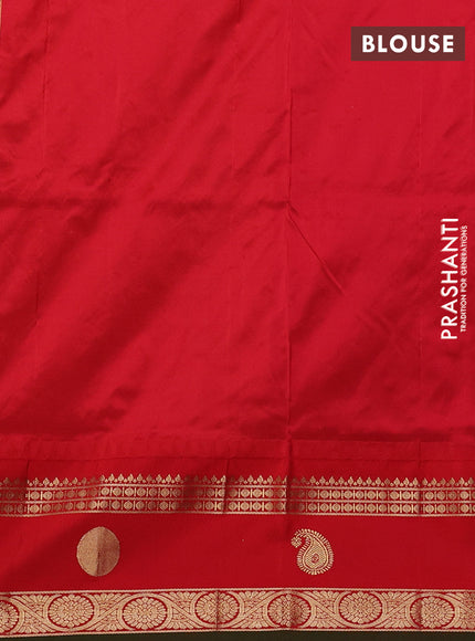 Narayanpet silk saree dual shade of teal green and red with allover zari woven buttas and temple design rettapet zari woven butta border