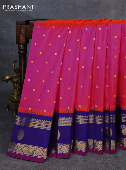 Narayanpet silk saree candy pink and blue with allover zari woven buttas and temple design rettapet zari woven butta border
