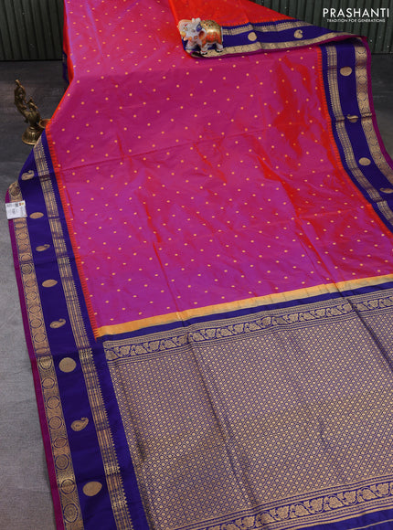 Narayanpet silk saree candy pink and blue with allover zari woven buttas and temple design rettapet zari woven butta border